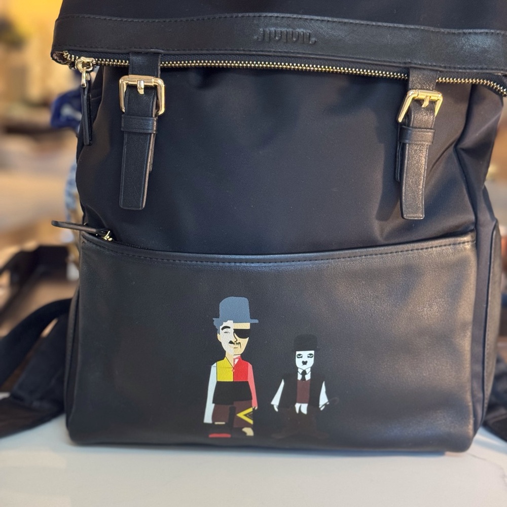 🖤 JIVIVIL  CHARLIE CHAPLIN BLACK LEATHER AND NYLON BACK PACK! - Picture 2 of 14